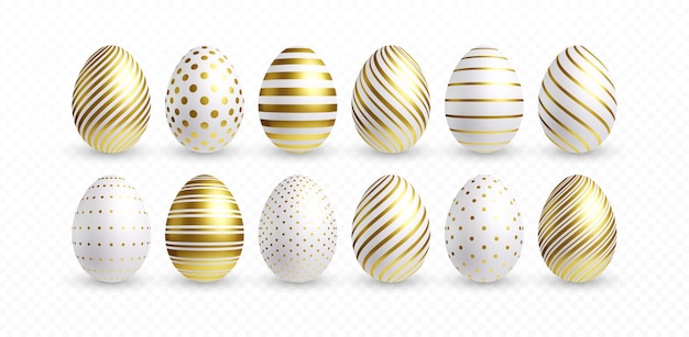 Набор различных 3D реалистичных, блестящих, золотых, голографических пасхальных яиц, изолированных на белом фоне. Векторная иллюстрация Eps10