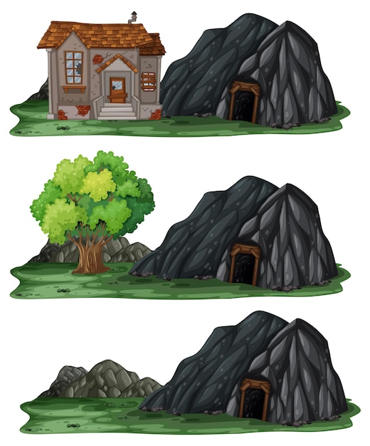 Free vector set of different abandoned houses with rock cave