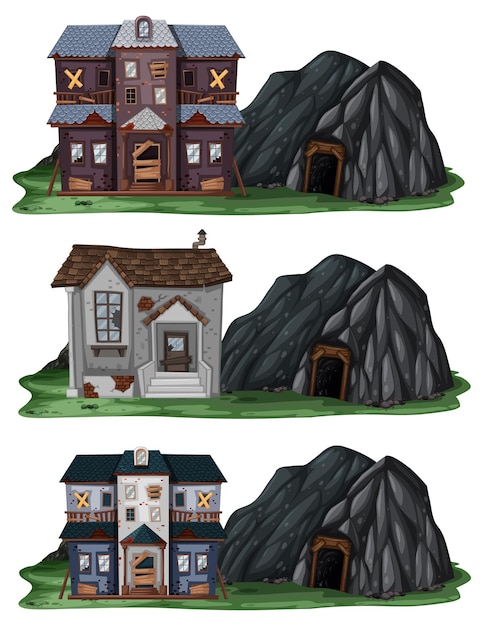 Set of different abandoned houses with rock cave