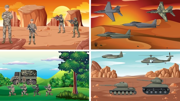 Set of different army war scenes