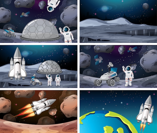 Set of different astronaut and rocket scene