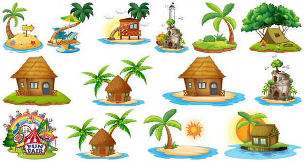 Set of different bangalows and island beach theme and amusement park isolated on white background