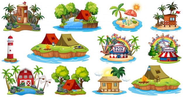 Free vector set of different bangalows and island beach theme and amusement park isolated on white background