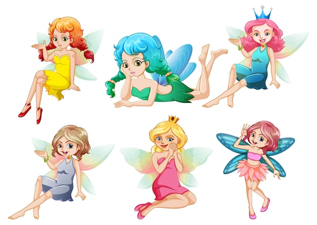 Set of different beautiful fairy girl cartoon character