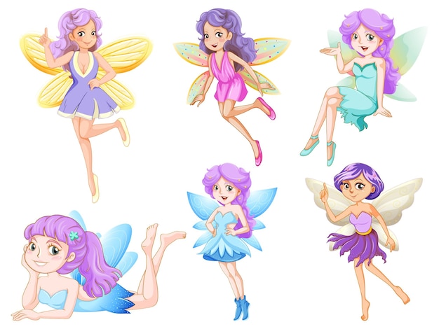 Set of different beautiful fairy girl cartoon character