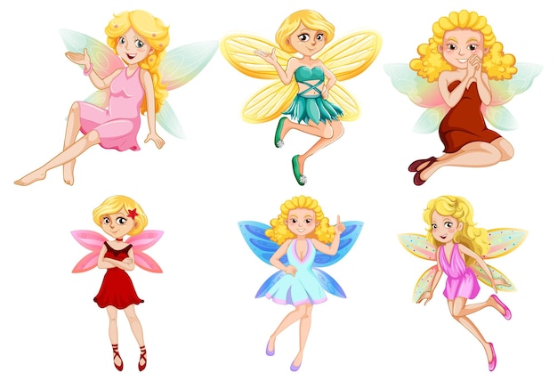 Set of different beautiful fairy girl cartoon character