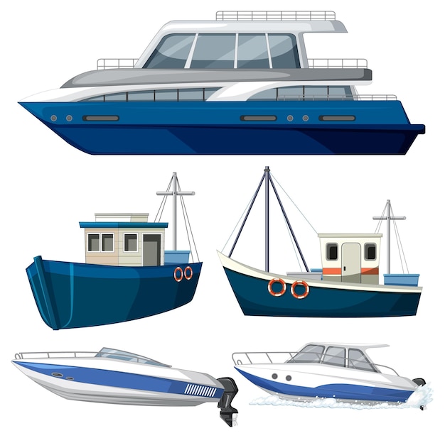 Set of different boats on white background