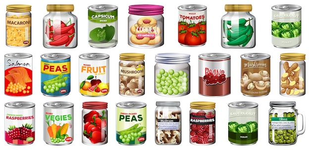 Free vector set of different canned food and food in jars isolated