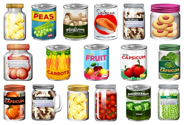 Free vector set of different canned food and food in jars isolated