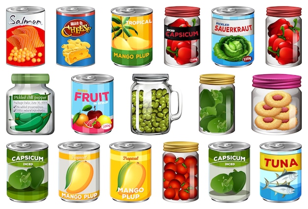 Free vector set of different canned food and food in jars isolated