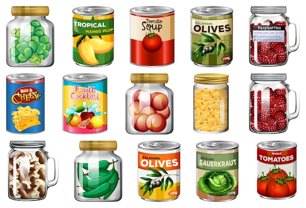 Set of different canned food and food in jars isolated