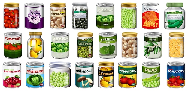 Set of different canned food and food in jars isolated