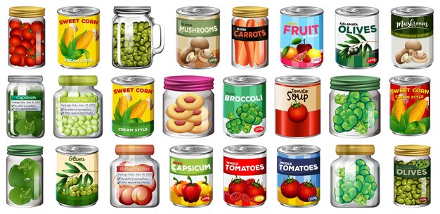 Set of different canned food and food in jars isolated