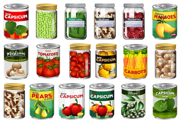 Free vector set of different canned food and food in jars isolated