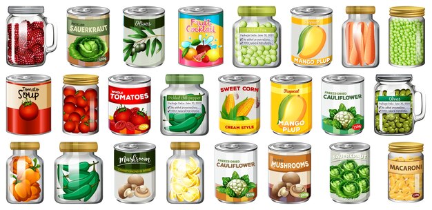 Set of different canned food and food in jars isolated