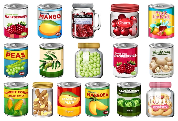 Free vector set of different canned food and food in jars isolated