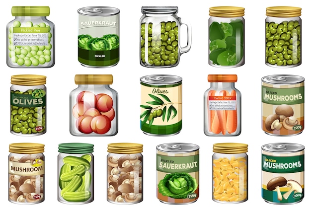 Free vector set of different canned food and food in jars isolated