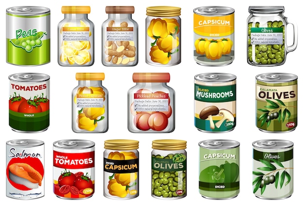 Free vector set of different canned food and food in jars isolated