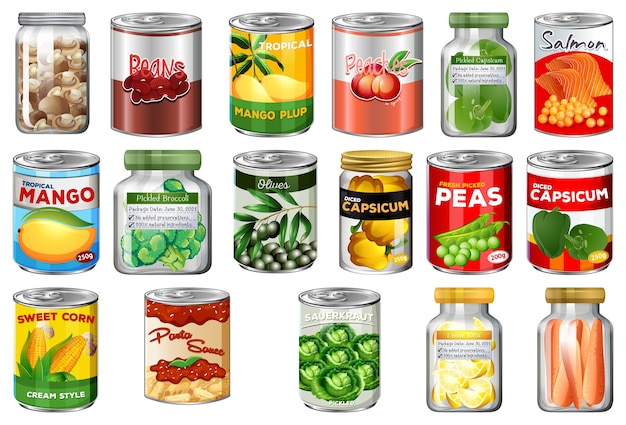 Set of different canned food and food in jars isolated