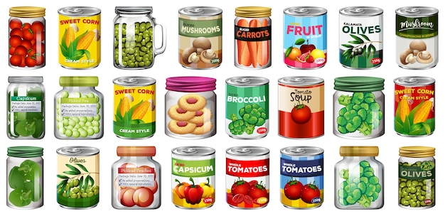 Set of different canned food and food in jars isolated