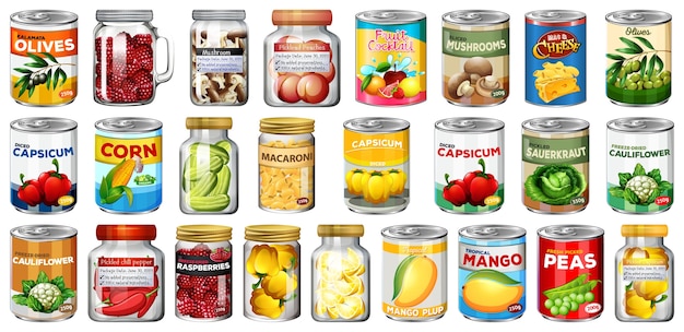 Set of different canned food and food in jars isolated