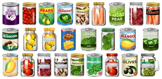 Free vector set of different canned food and food in jars isolated