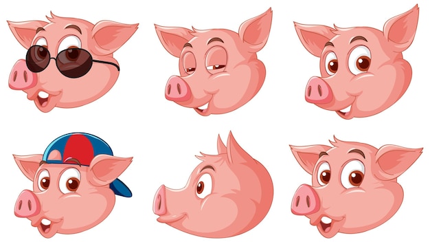 Free vector set of different cartoon pig heads