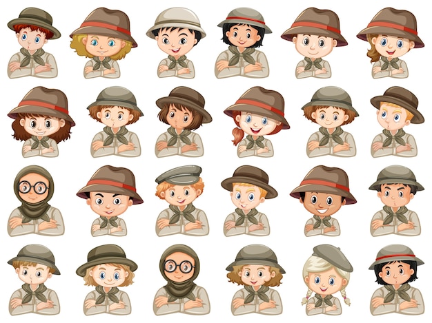 Free vector set of different characters of boys and girls scout costume