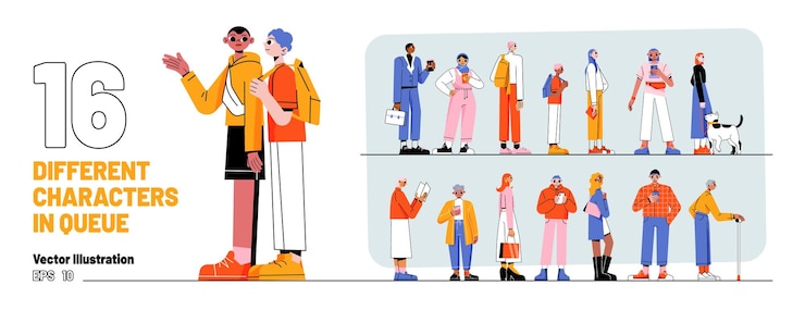 Free Vector set different characters in queue people in line