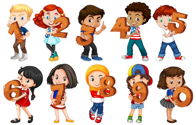 Free vector set of different children holding math number