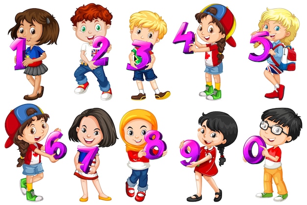 Free vector set of different children holding math number