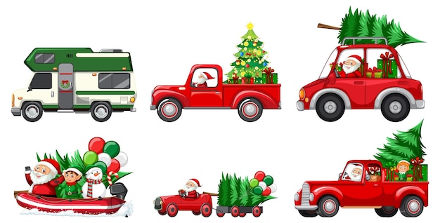 Vettore gratuito set di diverse auto di natale e personaggi di babbo natale