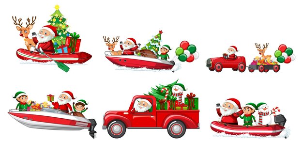 さまざまなクリスマスの車とサンタクロースのキャラクターのセット