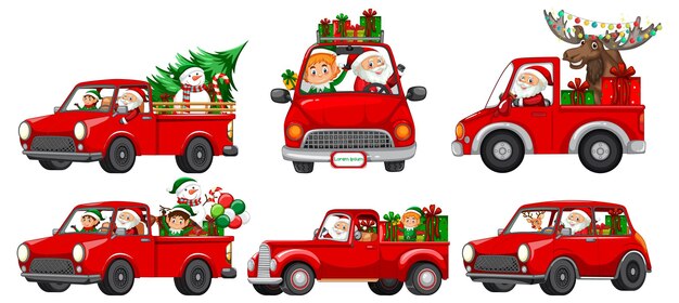 다른 크리스마스 자동차와 산타 클로스 캐릭터 세트