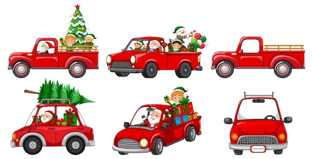 さまざまなクリスマスの車とサンタクロースのキャラクターのセット