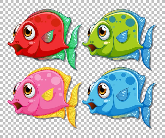 Free vector set of different color exotic fish cartoon character on transparent background