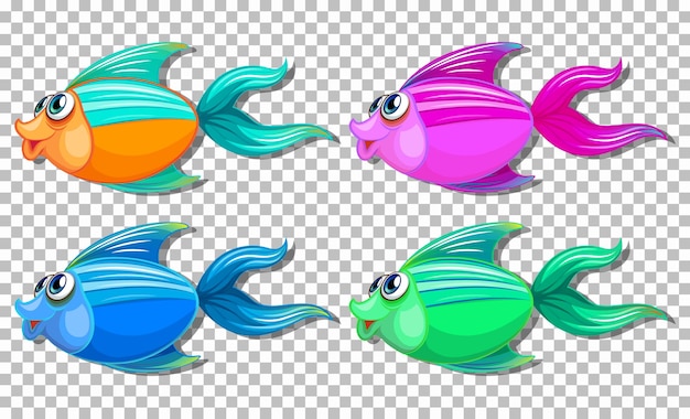 Set of different color fish with big eyes cartoon character on transparent background