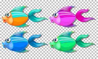 Vettore gratuito set di pesci di colore diverso con il personaggio dei cartoni animati di grandi occhi su sfondo trasparente