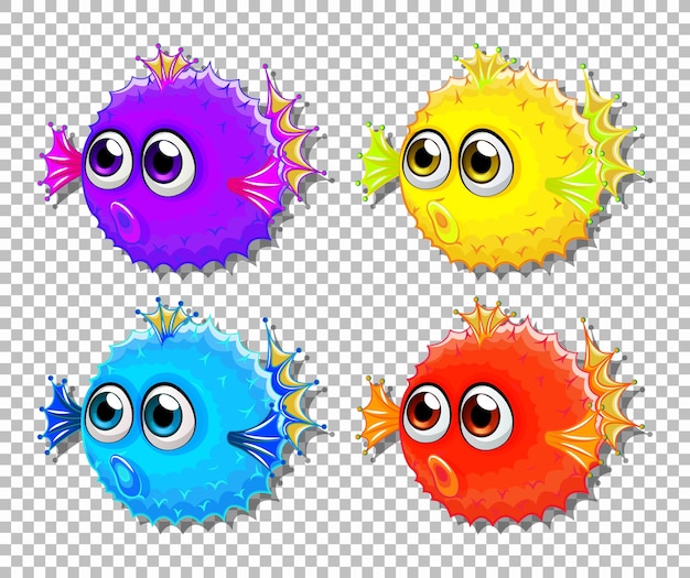 Set of different color puffer fish with big eyes cartoon character on transparent background