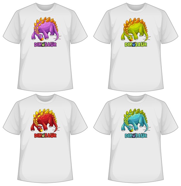 Set of different colour dinosaur cartoons on t-shirts