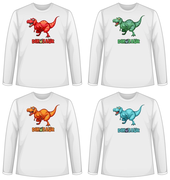 Vettore gratuito set di schermo di dinosauro di colore diverso su t-shirt a maniche lunghe