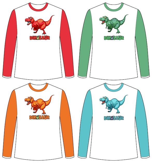 Vettore gratuito set di schermo di dinosauro di colore diverso su t-shirt a maniche lunghe