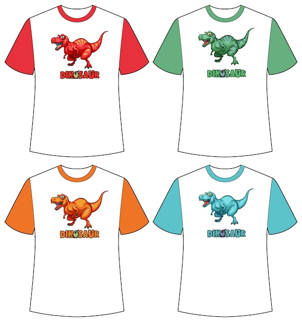 Free vector set of different colour dinosaur screen on t-shirts