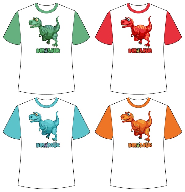 Free vector set of different colour dinosaur screen on t-shirts