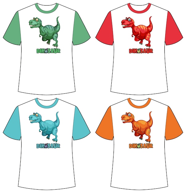 Set of different colour dinosaur screen on t-shirts