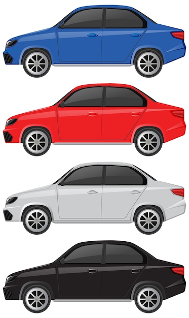 Set of different colour sedan cars