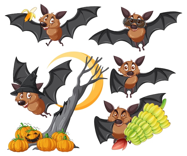 Set of different cute bats in cartoon style