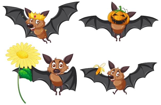 Vettore gratuito set di diversi simpatici pipistrelli in stile cartone animato