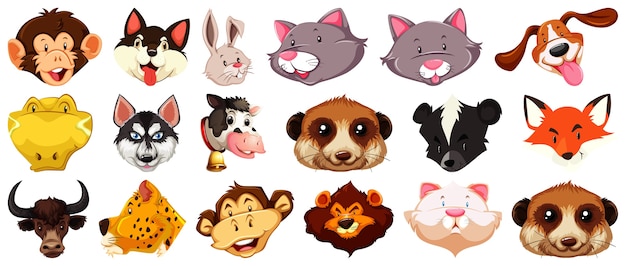 Set of different cute cartoon animals head huge isolated
