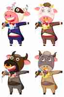 Free vector set of different cute cow cartoon character